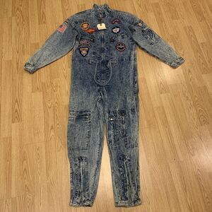 Vintage Chemin De Fer Jumpsuit Womens Small Acid Wash Flight Suit Patches 80s
